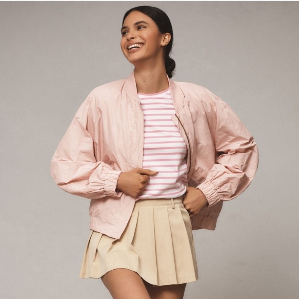 Maeve Anthropologie Balloon Sleeve Pink Bomber Jacket Fall Coquette Balletcore